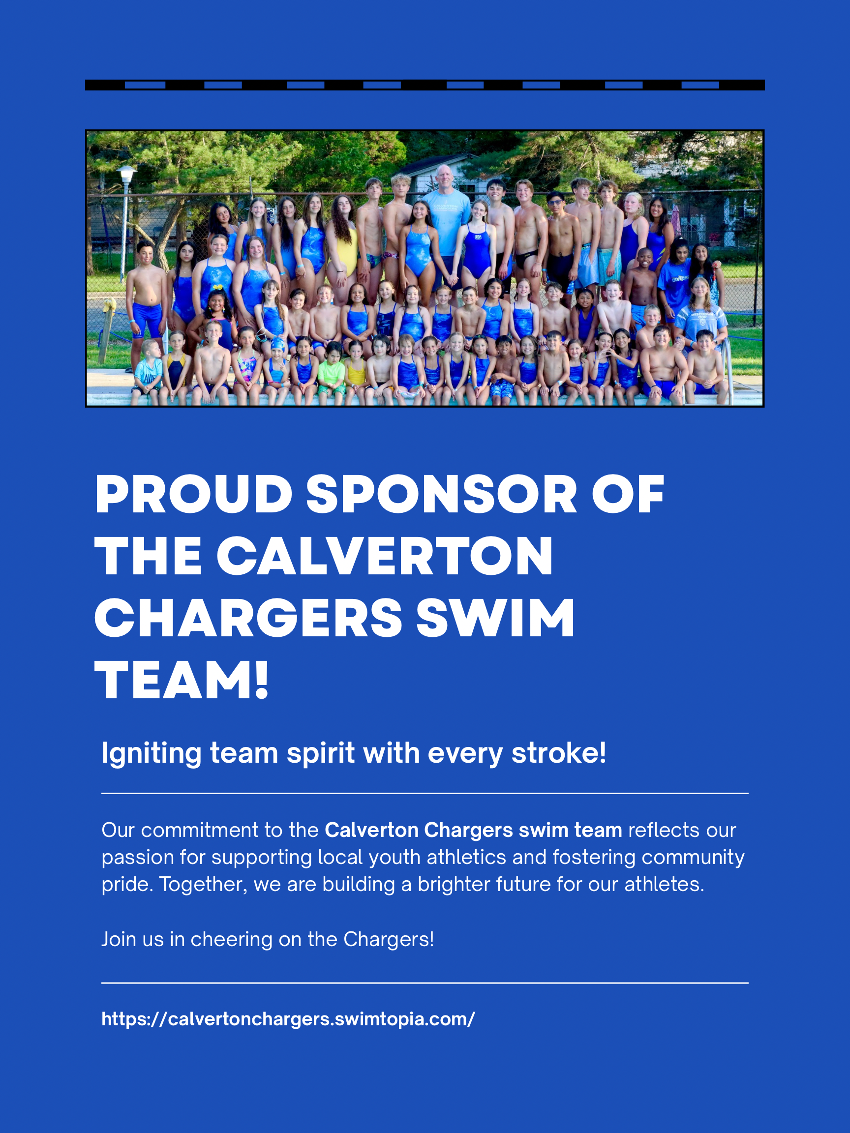 Group photo of the Calverton Chargers swim team in colorful swimsuits, with text below expressing sponsorship and community support.